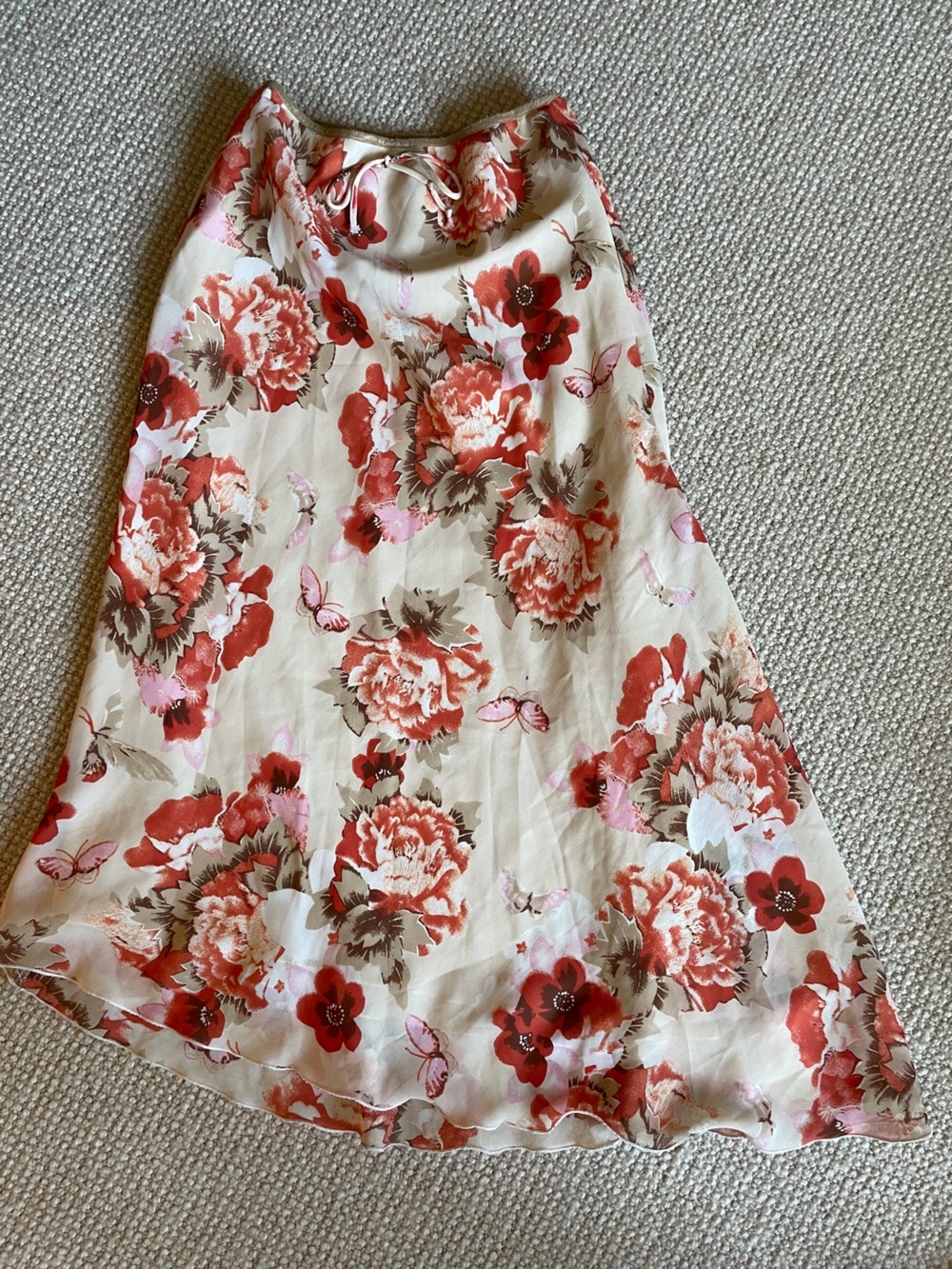 Vintage Louben Floral Butterfly Watercolour Slip Maxi Skirt Ruffle Fishtail